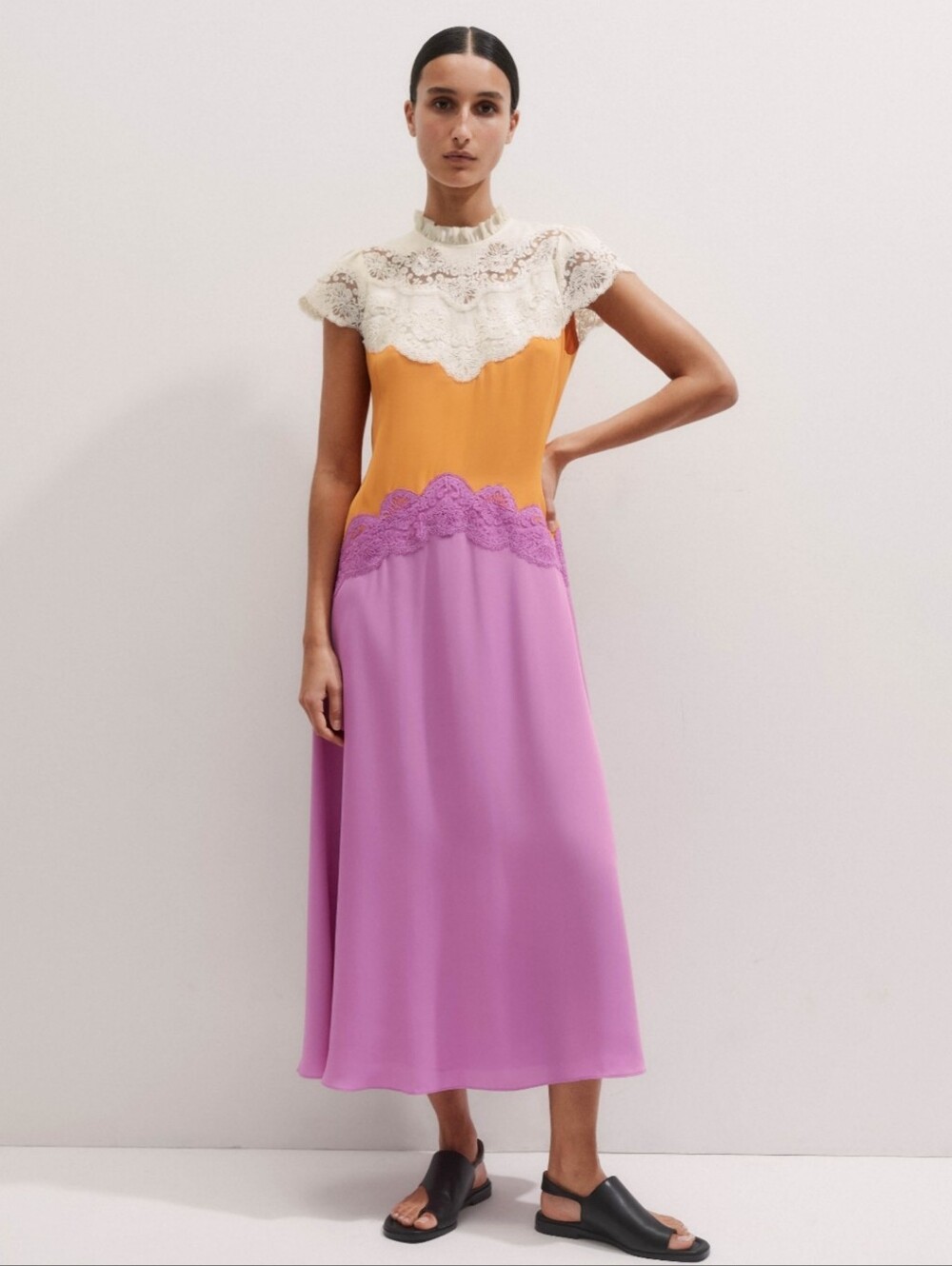 ME+EM Silk Colorblock Lace Trim Maxi Dress
